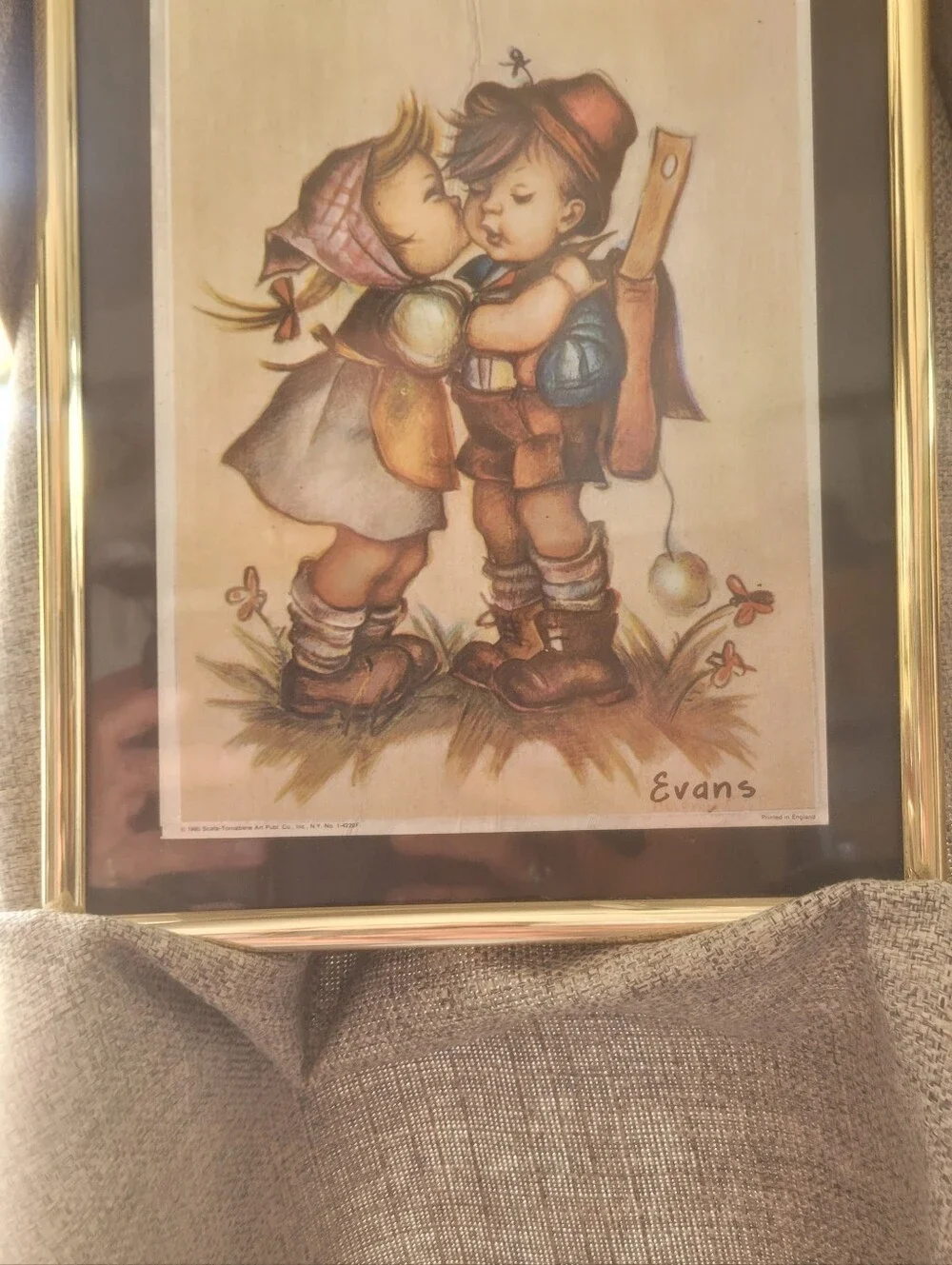 Hummel Lithograph PrintEvans Framed FIRST KISS in Gold and Black
